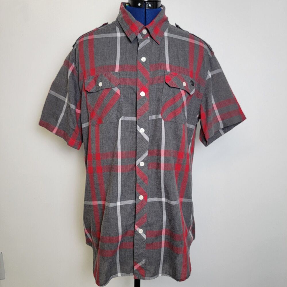 Ecko Unltd Mens Red/Gray Plaid Short Sleeve Button-up Pockets Epaulets Shirt L
